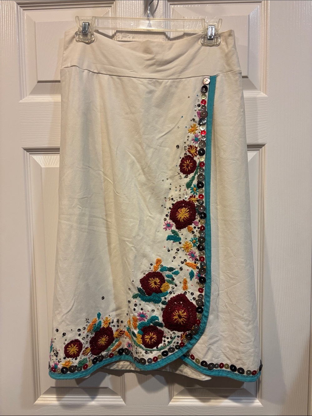 Embroidered Cream Midi Skirt with Floral Trim